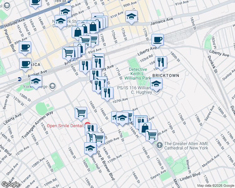 map of restaurants, bars, coffee shops, grocery stores, and more near 105-26 171st Street in Queens
