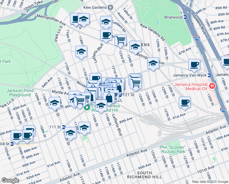 map of restaurants, bars, coffee shops, grocery stores, and more near 86-21 120th Street in Queens