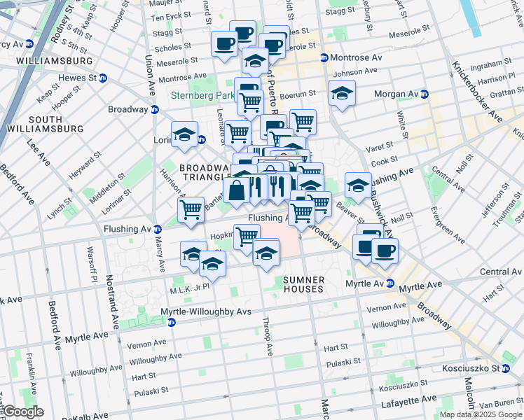 map of restaurants, bars, coffee shops, grocery stores, and more near 21 Thornton Street in Brooklyn