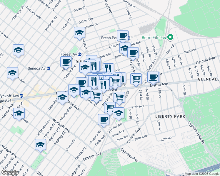 map of restaurants, bars, coffee shops, grocery stores, and more near 5939 Myrtle Avenue in Queens