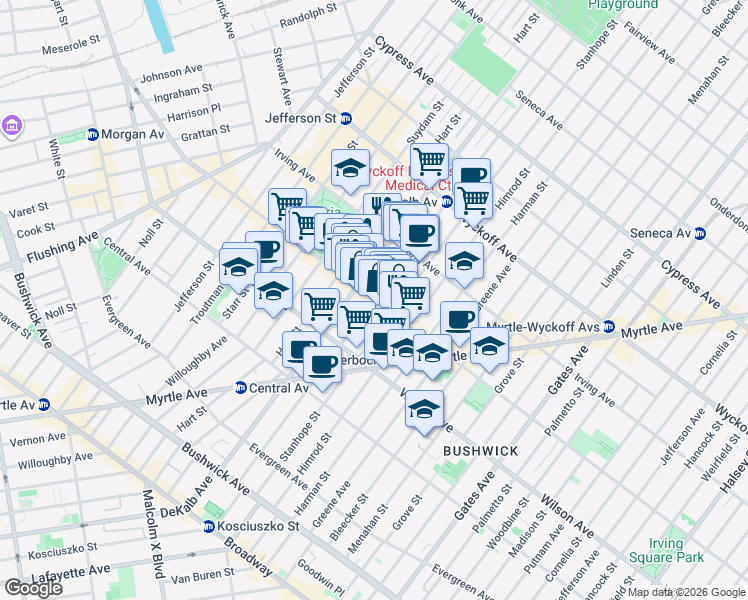 map of restaurants, bars, coffee shops, grocery stores, and more near Knickerbocker Ave & Stockholm St in Brooklyn