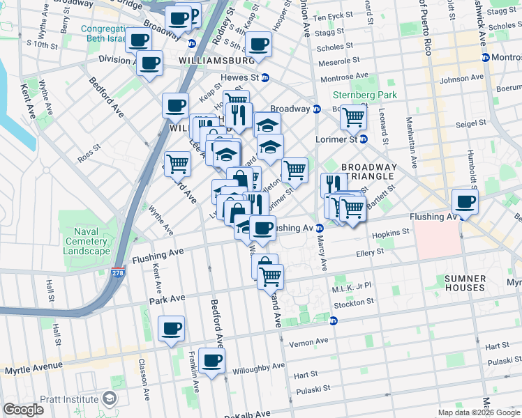 map of restaurants, bars, coffee shops, grocery stores, and more near 35 Lorimer Street in Brooklyn