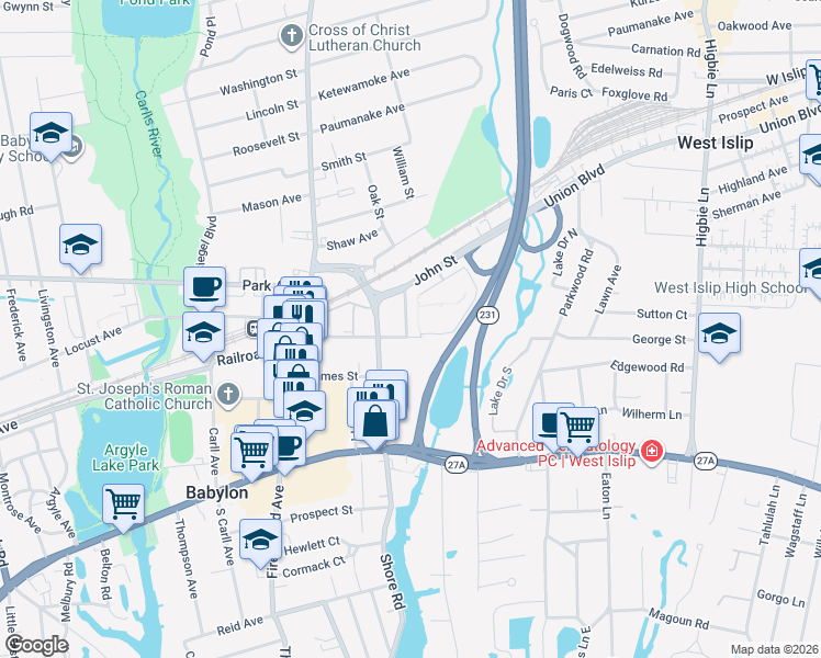 map of restaurants, bars, coffee shops, grocery stores, and more near 10 Pearsall Place in Babylon