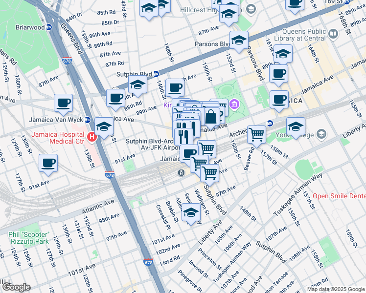 map of restaurants, bars, coffee shops, grocery stores, and more near 147- 2 Jamaica Avenue in Queens