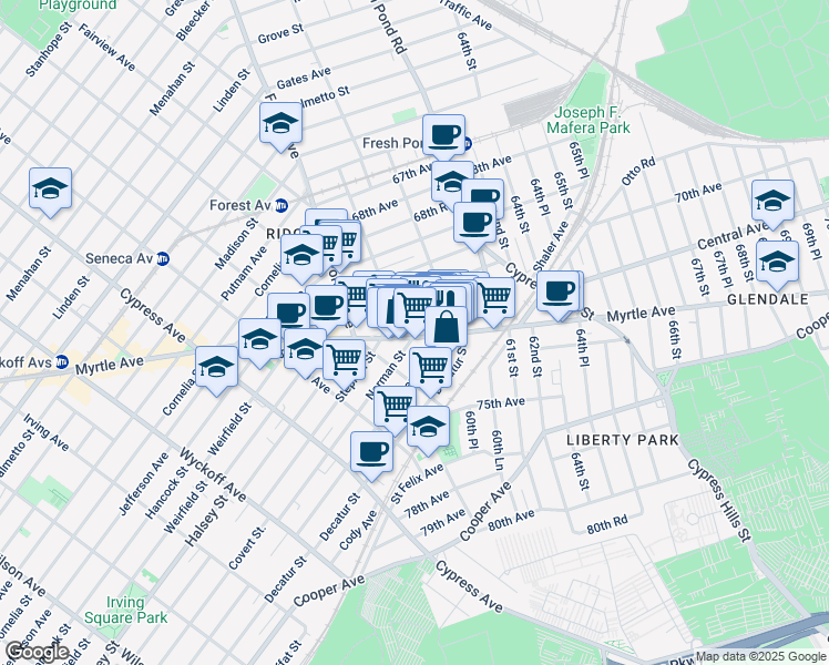 map of restaurants, bars, coffee shops, grocery stores, and more near 60-26 71st Avenue in Queens