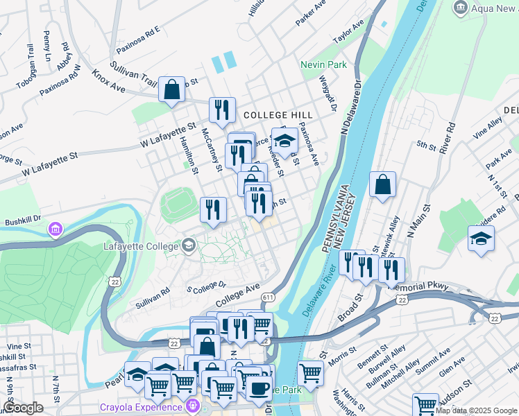map of restaurants, bars, coffee shops, grocery stores, and more near 301 Cattell Street in Easton