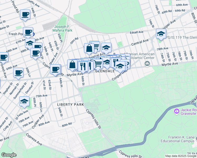 map of restaurants, bars, coffee shops, grocery stores, and more near 72-30 67th Place in Queens