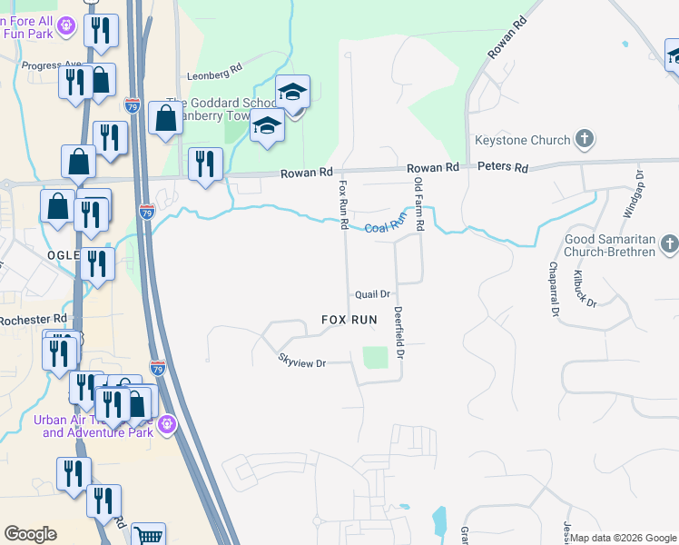 map of restaurants, bars, coffee shops, grocery stores, and more near 128 Fox Run Road in Cranberry Township