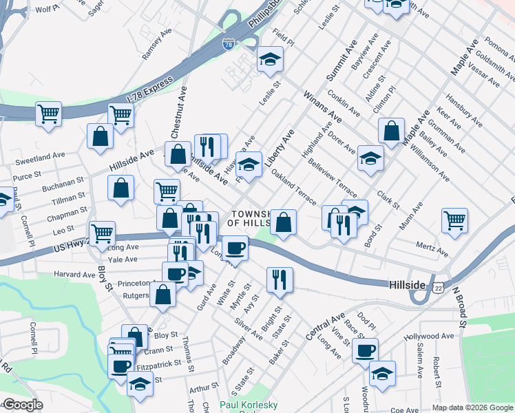 map of restaurants, bars, coffee shops, grocery stores, and more near 276 Hillside Avenue in Hillside