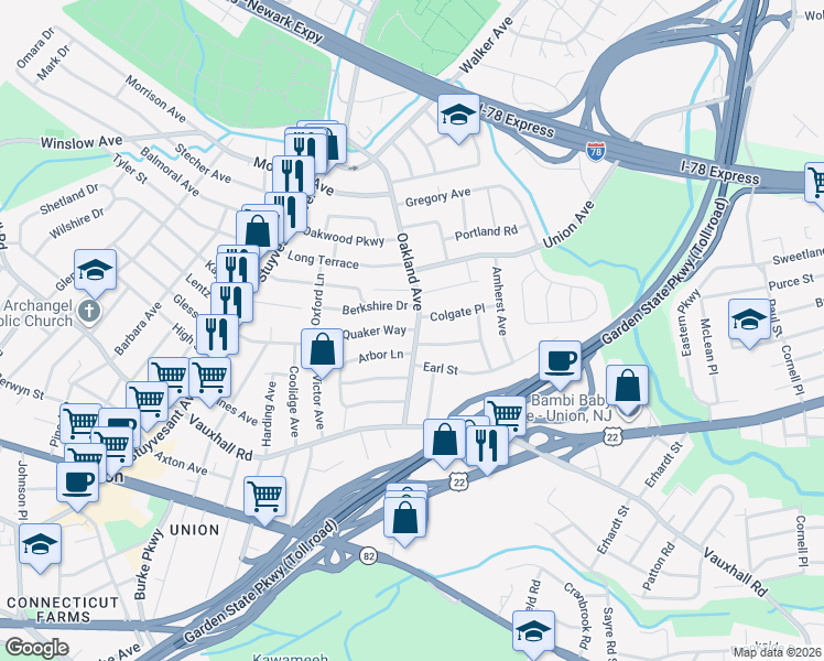 map of restaurants, bars, coffee shops, grocery stores, and more near 1798 Colgate Place in Union
