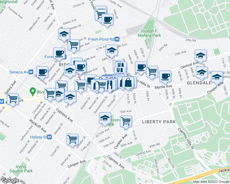 map of restaurants, bars, coffee shops, grocery stores, and more near 60-65 Myrtle Avenue in Queens