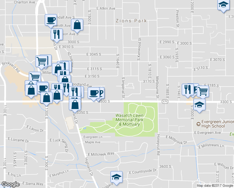 map of restaurants, bars, coffee shops, grocery stores, and more near 1655 East 3300 South in Salt Lake City