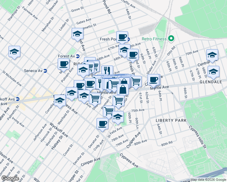 map of restaurants, bars, coffee shops, grocery stores, and more near 60-09 Myrtle Avenue in Queens