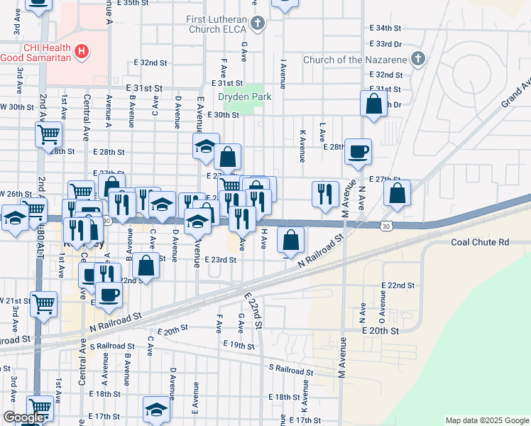 map of restaurants, bars, coffee shops, grocery stores, and more near 2648 I Avenue in Kearney