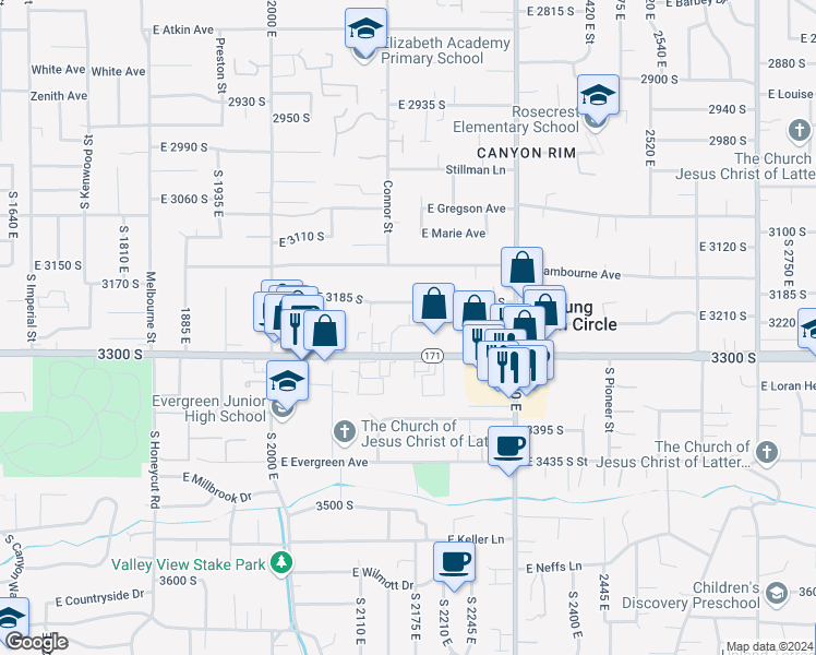 map of restaurants, bars, coffee shops, grocery stores, and more near 2192 East 3205 South in Salt Lake City