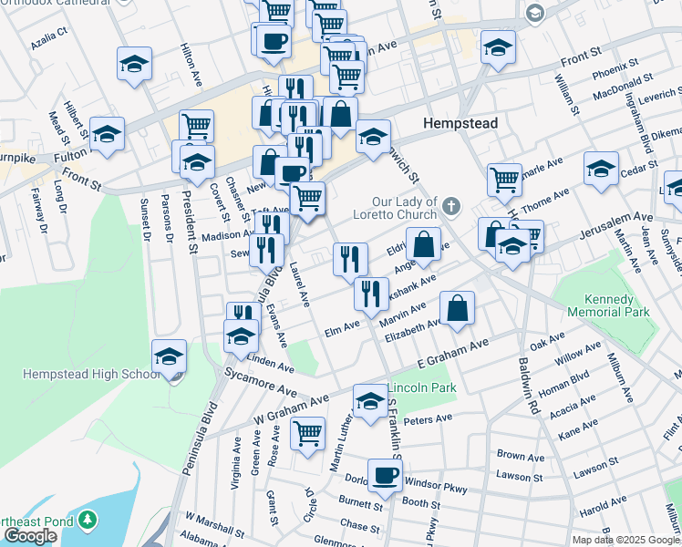 map of restaurants, bars, coffee shops, grocery stores, and more near 151 South Franklin Street in Hempstead