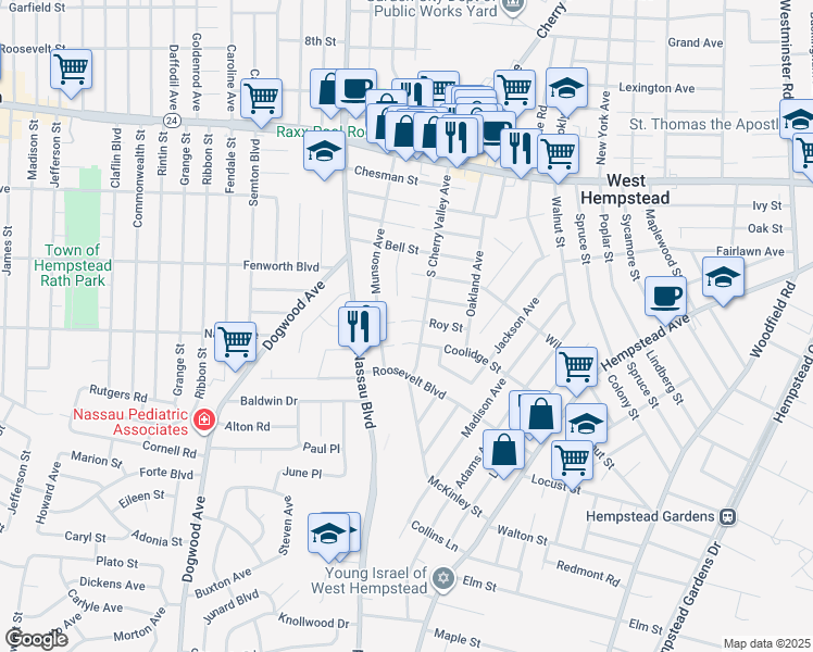 map of restaurants, bars, coffee shops, grocery stores, and more near 490 Roy Street in West Hempstead