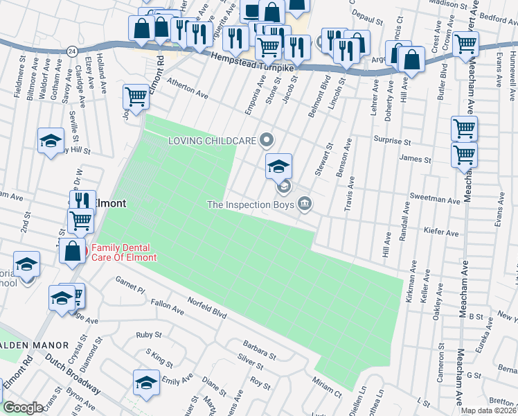 map of restaurants, bars, coffee shops, grocery stores, and more near 1615 Johnson Avenue in Elmont