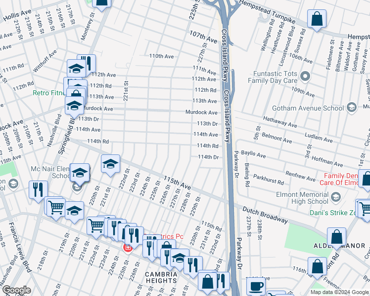map of restaurants, bars, coffee shops, grocery stores, and more near 226-11 114th Road in Queens