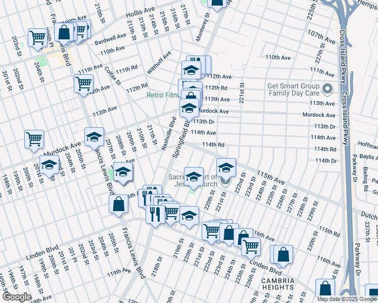 map of restaurants, bars, coffee shops, grocery stores, and more near 115-01 217th Street in Queens