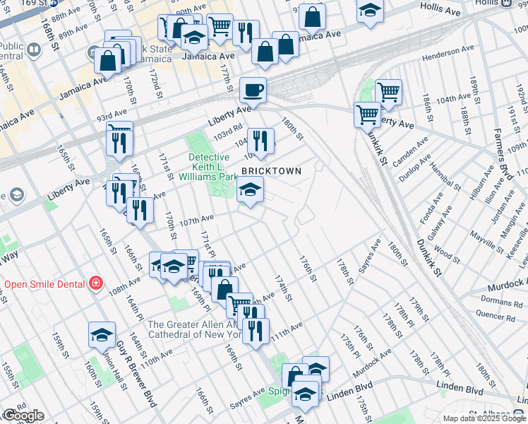 map of restaurants, bars, coffee shops, grocery stores, and more near 108-05 Fern Place in Queens