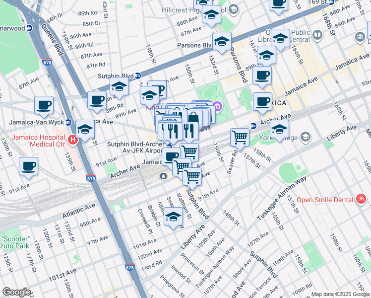 map of restaurants, bars, coffee shops, grocery stores, and more near 148-5 Archer Avenue in Queens