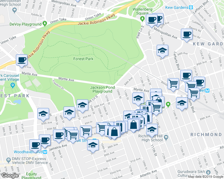 map of restaurants, bars, coffee shops, grocery stores, and more near 108-1 Park Lane South in Queens