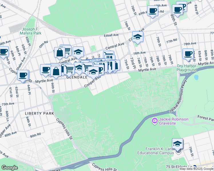 map of restaurants, bars, coffee shops, grocery stores, and more near 73-35 71st Street in Queens