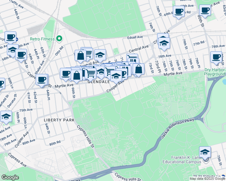 map of restaurants, bars, coffee shops, grocery stores, and more near 6907 Cooper Avenue in Queens