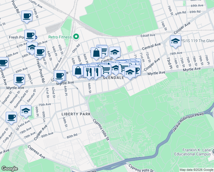 map of restaurants, bars, coffee shops, grocery stores, and more near 72-18 67th Place in Queens