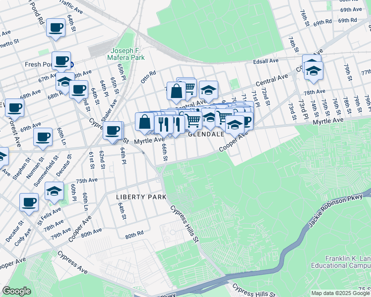 map of restaurants, bars, coffee shops, grocery stores, and more near 72-18 67th Place in Queens
