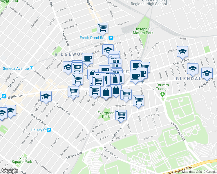 map of restaurants, bars, coffee shops, grocery stores, and more near Myrtle Ave & 60th Ln in Queens