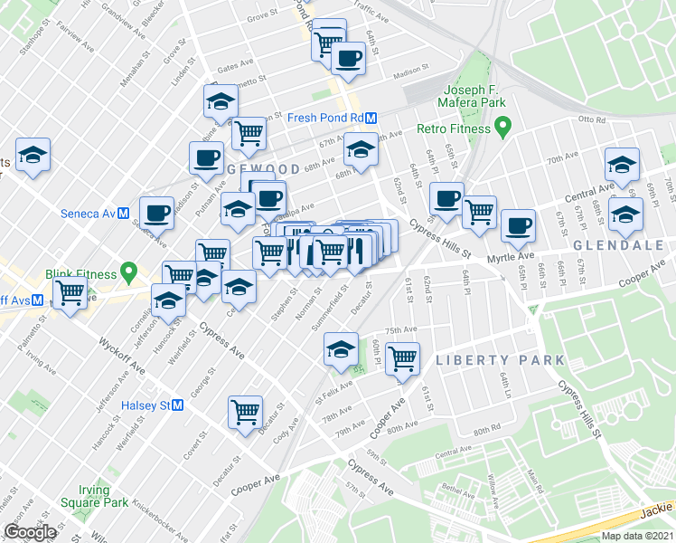 map of restaurants, bars, coffee shops, grocery stores, and more near 60-26 71st Avenue in Queens