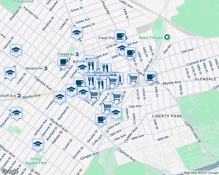 map of restaurants, bars, coffee shops, grocery stores, and more near 59-21 71st Avenue in Queens