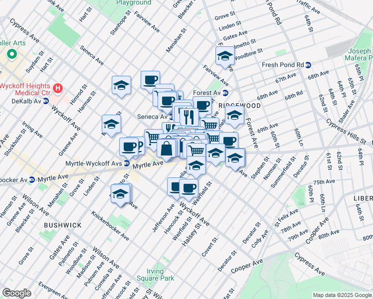 map of restaurants, bars, coffee shops, grocery stores, and more near in Queens