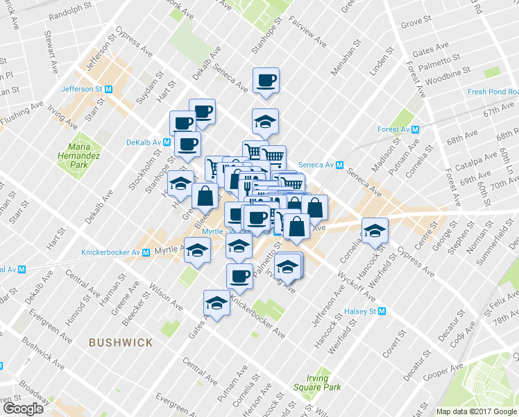 map of restaurants, bars, coffee shops, grocery stores, and more near 401 Linden Street in Brooklyn
