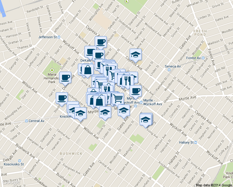 map of restaurants, bars, coffee shops, grocery stores, and more near 337 Bleecker Street in Brooklyn