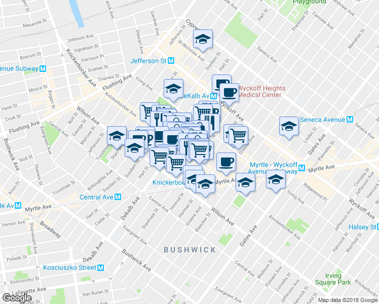 map of restaurants, bars, coffee shops, grocery stores, and more near 355 Knickerbocker Avenue in Brooklyn