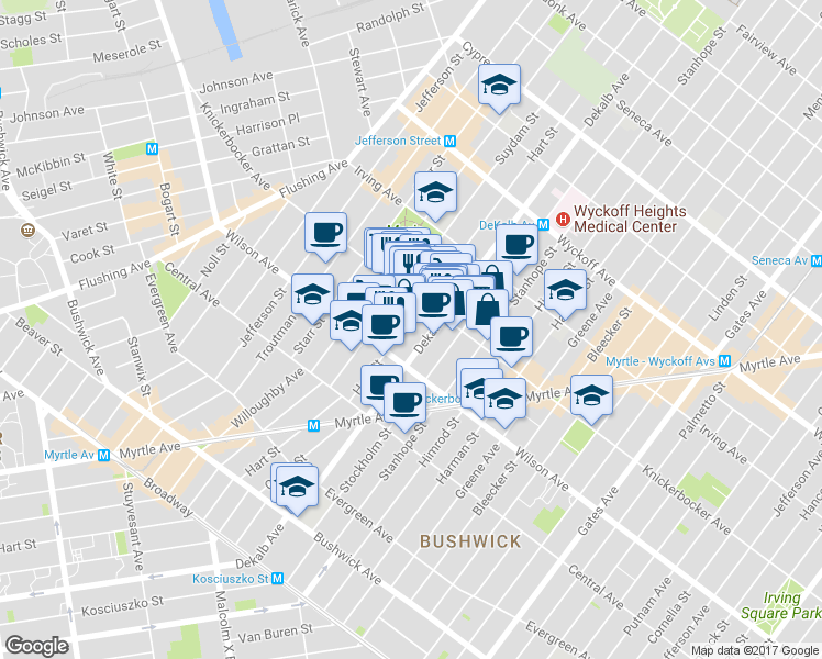 map of restaurants, bars, coffee shops, grocery stores, and more near 342 Knickerbocker Avenue in Brooklyn