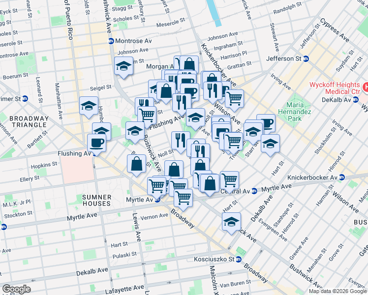 map of restaurants, bars, coffee shops, grocery stores, and more near 54 Noll Street in Brooklyn