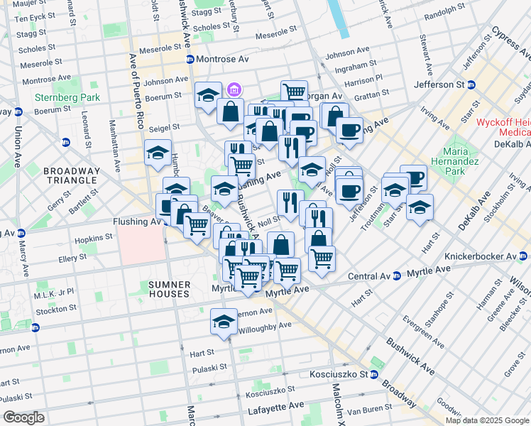 map of restaurants, bars, coffee shops, grocery stores, and more near 40 Forrest Street in Brooklyn
