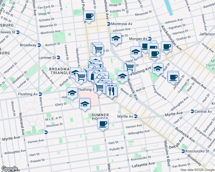 map of restaurants, bars, coffee shops, grocery stores, and more near 39 Fayette Street in Brooklyn