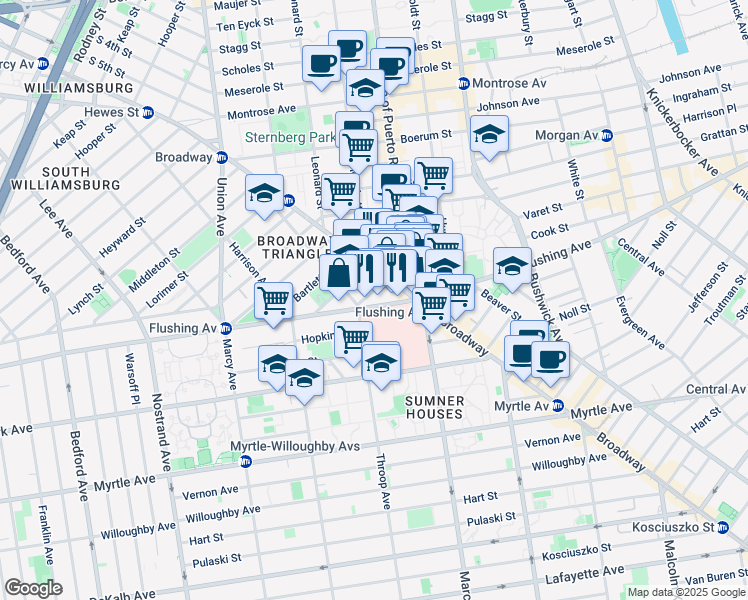 map of restaurants, bars, coffee shops, grocery stores, and more near 21 Thornton Street in Brooklyn