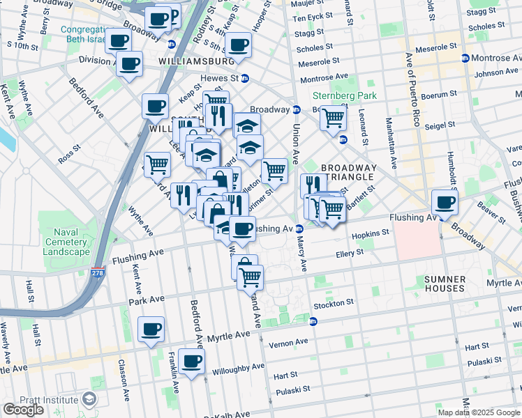 map of restaurants, bars, coffee shops, grocery stores, and more near 35 Lorimer Street in Brooklyn