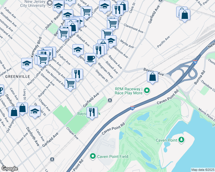 map of restaurants, bars, coffee shops, grocery stores, and more near 593 Garfield Avenue in Jersey City