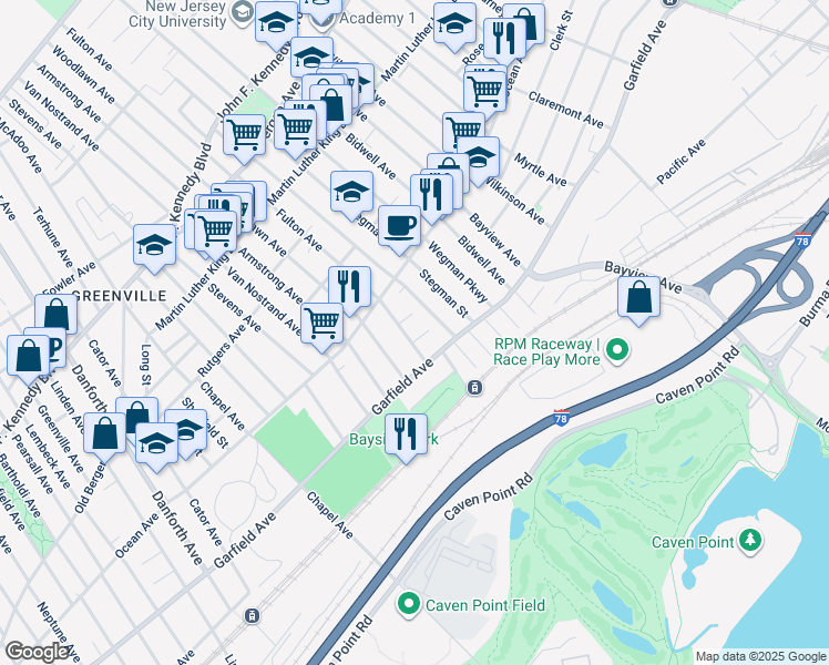 map of restaurants, bars, coffee shops, grocery stores, and more near 17 Bayside Place in Jersey City