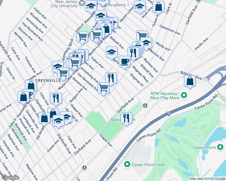 map of restaurants, bars, coffee shops, grocery stores, and more near 415 Ocean Avenue in Jersey City