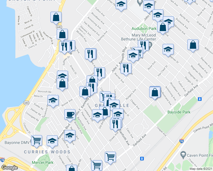 map of restaurants, bars, coffee shops, grocery stores, and more near 315 Old Bergen Road in Jersey City