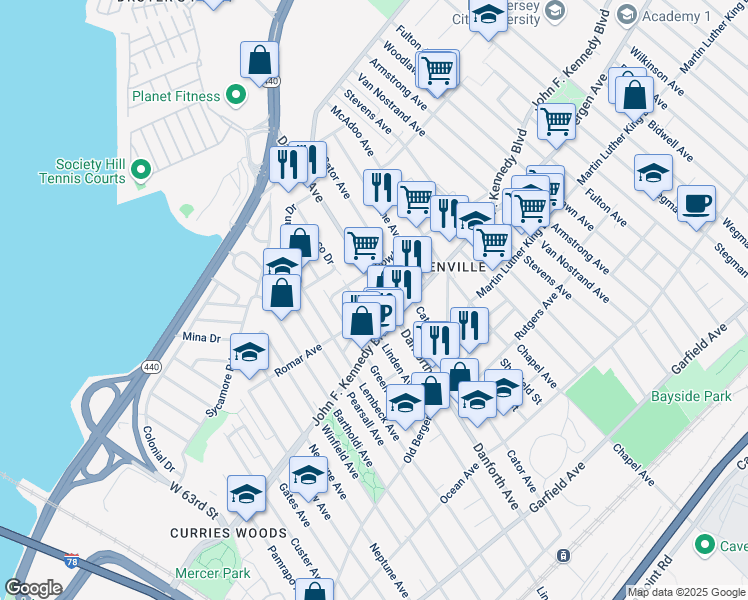 map of restaurants, bars, coffee shops, grocery stores, and more near 283 Danforth Avenue in Jersey City
