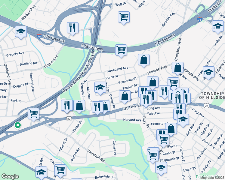 map of restaurants, bars, coffee shops, grocery stores, and more near 570 Buchanan Street in Hillside
